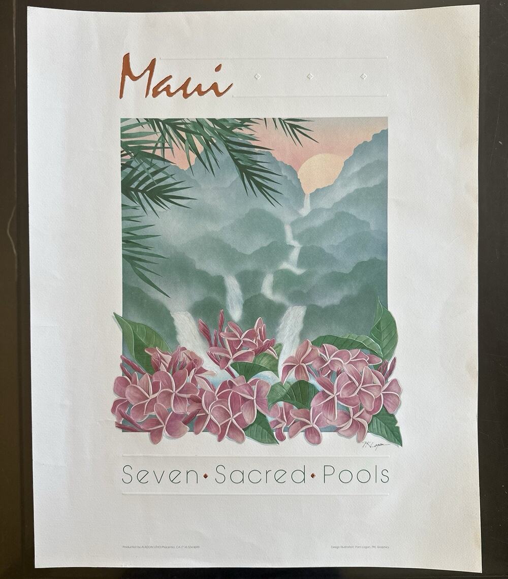 Vintage Maui Seven Sacred Pools Hawaii Pam Logan Embossed Art Poster 16.5x20.5